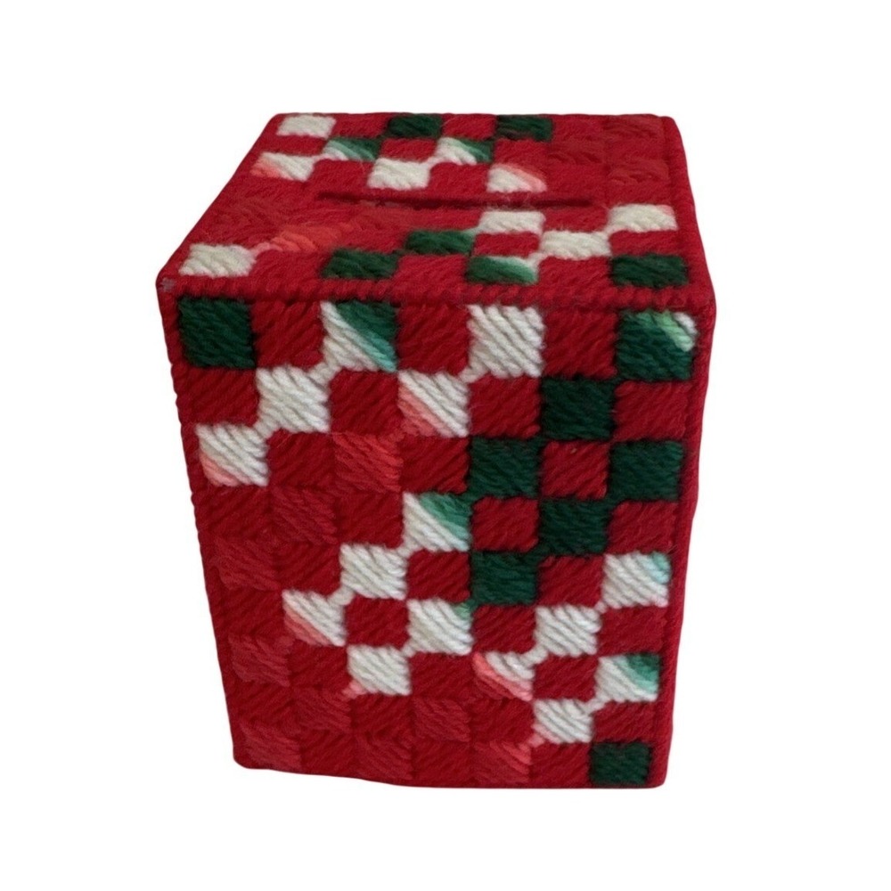 Handmade Plastic Canvas Christmas Tissue Box Cover Red Green White Geometric